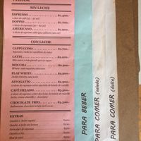 Menu drinks  at Cafe del Forestal in Santiago