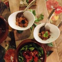 Vegan antipasti: cashew and almond „cheese“ and tomato-pine nut/ bell pepper bread spread at Mamma Peppino in Alkmaar