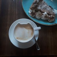 Soy coffee and apple pie at Crazy Cat Café in Milan