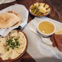 Hummus, fresh pita, lentil soup at Beirut Rock Cafe in Arlington