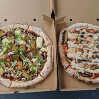 two pizzas from Death by Pizza at Young Vegans Pizza Shop in London