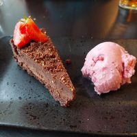 Chocolate torte with raspberry sorbet at Y Sgwar in Porthmadog