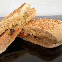 Panini with soysausage and hummus  at Poppo Goblin in Belfast