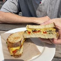 Vegan breakfast sandwich with just egg and fresh sourdough at Wild Flour in Banff