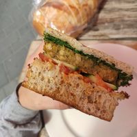 The vegan falafel sandwich, toasted on focaccia at Wild Flour in Banff