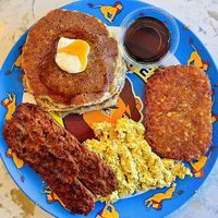 Grand Slam plate. Fluffy GF 🥞 w/ hash brown✨delicious! #Veganuary at Leo's Superfood Vegan Cafe in Northridge