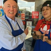 Aud and the owner David & HappyCow 5-star window decal I presented them!! at Leo's Superfood Vegan Cafe in Northridge