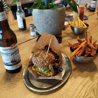 Vegan burger, sweet potato fries, regular fries at Brandenburger in Eberswalde