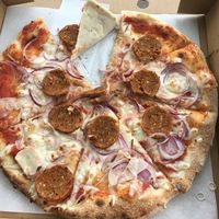 Number 11 off the menu minus the chillis. Pizzarami sausage cheese tomato and onion pizza  at Hangin' Pizzeria in Betws-y-coed