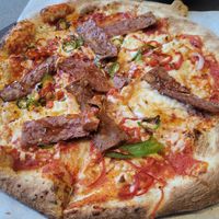 Tomato Base, Vegan Mozzarella, Vegan Bacon, Chillies and Maple Syrup at Hangin' Pizzeria in Betws-y-coed