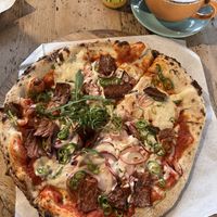 Vegan meat on a spicy pizzaa  at Hangin' Pizzeria in Betws-y-coed