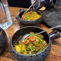Sag Aloo (front) Kangari (back) at Cafe Indus in Sheffield