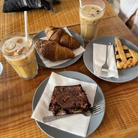 Vegan croissant, chocolate loaf, pastry, and coffee!  at Filter in Pisa