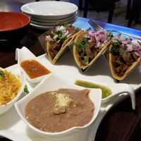 Seitan Tacos with rice and beans. Yum! at Madre Tierra in Upland