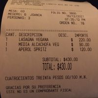 La cuenta. The aperol was a healthy sized glass, meriting the price which was not inexpensive. at Mezzaluna in Loreto