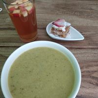 Plantain soup, apple cider drink, tiny dessert at Masala in Pereira