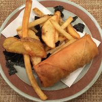 Fried potatoes with seaweed salt and a spring roll. at Marichou-K in Kanazawa