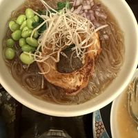 Kanazawa Shoyu Ramen with glass noodles (vegan substitute for egg noodles)  at Marichou-K in Kanazawa