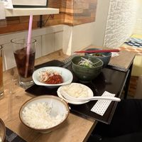 Soy milk ramen, Kanazawa Ramen, rice, eggplant in chili sauce. Each dish is only half the regular size because she was so kind to split each dish so that we could try both😄 at Marichou-K in Kanazawa