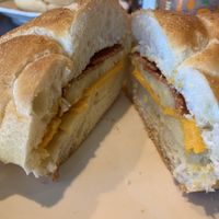 Vegan breakfast sandwich with bacon eggs salt pepper and hot sauce at Sweet Obsessions in Poughkeepsie
