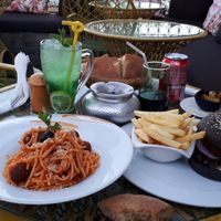 Spaghetti and Burger (both vegan) at Koulchi Zine in Marrakech