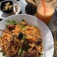 Vegan spaghetti and carrot juice  at Koulchi Zine in Marrakech