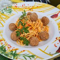 Vegan plant based balls with spaghetti at Koulchi Zine in Marrakech