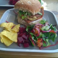 Loaded cheeseburger and sides  at Caffè No 3 @ Home in Durham