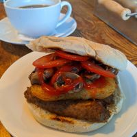 Sausage hash brown mushrooms Tom sauce and 🍅 lush at Caffè No 3 @ Home in Durham