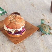 Tofu and eggplant burger at Loving Earth Cafe in Fort Kochi