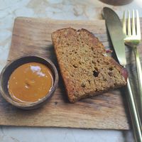 Sugar free banana bread with peanut butter sauce at Loving Earth Cafe in Fort Kochi