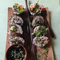 Sushi with brown rice, capsicum, carrot, wasabi and soy sauce at Loving Earth Cafe in Fort Kochi