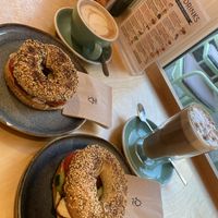 Tofu Bagel and cinnamon roll latte   at Cereal Lovers in Luxembourg City