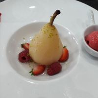 Poire pochée, sorbet fraise at La Primatiale in Nancy