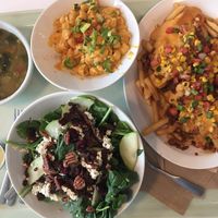 Fall salad, veggie chickpea special soup, Mac n cheese with jalapeño, loaded fries at Strong Hearts in Syracuse