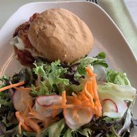 Eggplant parm on a gluten-free roll & side of greens   at Strong Hearts in Syracuse