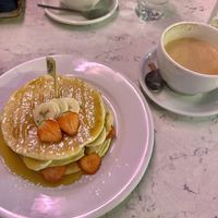 Vegan pancakes & oat milk latte   at POG - Tara St in Dublin