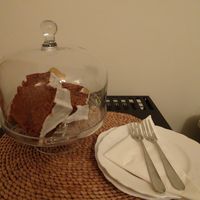 Each evening of our 3 night stay, we returned to find delicious vegan sweet treats awaiting us in our room: banana bread, chocolate cake, iced spice cake.  All delicious! at Bulleigh Barton Manor in Newton Abbot