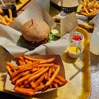 Vegan cheese burger with sweet potato fries at Padaro Beach Grill in Carpinteria