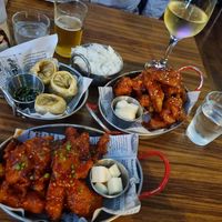 Dumplings and seitan "chicken" in VolKano sauce (front) & sweet chilli sauce (back) at K-pub in Adelaide