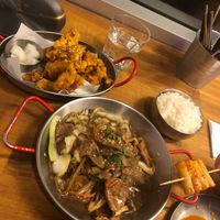 Seitan steak stir fry, soy and maple chick’n and the rice cake skewers! at K-pub in Adelaide