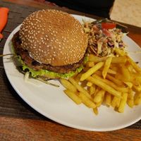 Burger (Jackfruit BBQ) with fries at Loro Loco in Koh Lanta
