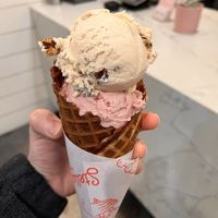 Kinako choco crunch and strawberry oat crumble in waffle cone   at Stella Jean's in San Diego