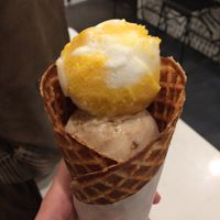 Mango sticky rice and apple butter oat crumble in a vegan waffle cone  at Stella Jean's in San Diego