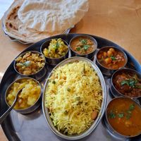 Vegan Thali, inc bread, poppudum and pudding at Sagar Vegan & Vegetarian Restaurant - West End in London