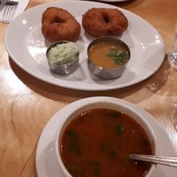 Rasam soup and Medu Vada at Sagar Vegan & Vegetarian Restaurant - West End in London