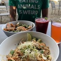 So many delicious plants! This is the peanut noodle bowl and the superfood bowl! at Karma Café in Asheville