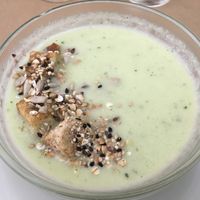 Cucumber soup with croutons at La Riera in Barcelona
