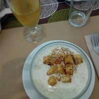 Ajoblanco (garlic soup) & suc de poma (apple juice) at La Riera in Barcelona
