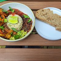 Burrito bowl and sourdough bread at Soul Food Kitchen in Glasgow